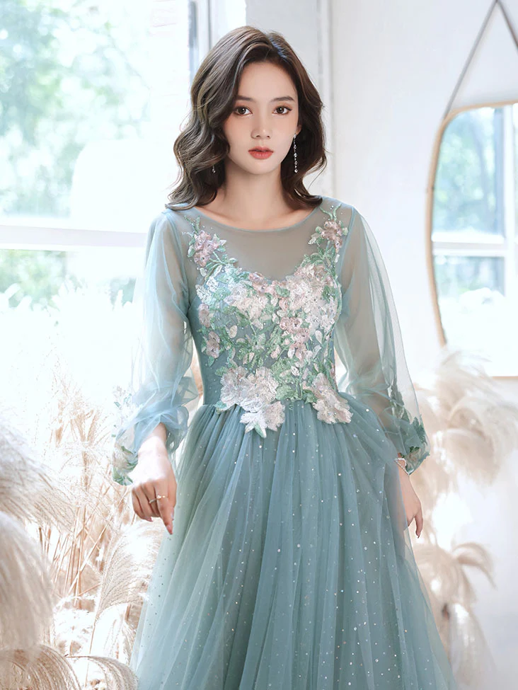 Green Round Neck Tulle Lace Long Prom Dress, Green Evening Dress - Deanwangkt