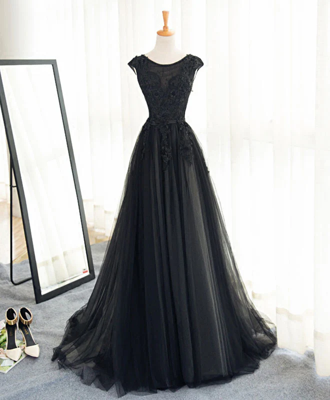 Black A Line Tulle Lace Long Prom Dress, Evening Dress - Deanwangkt