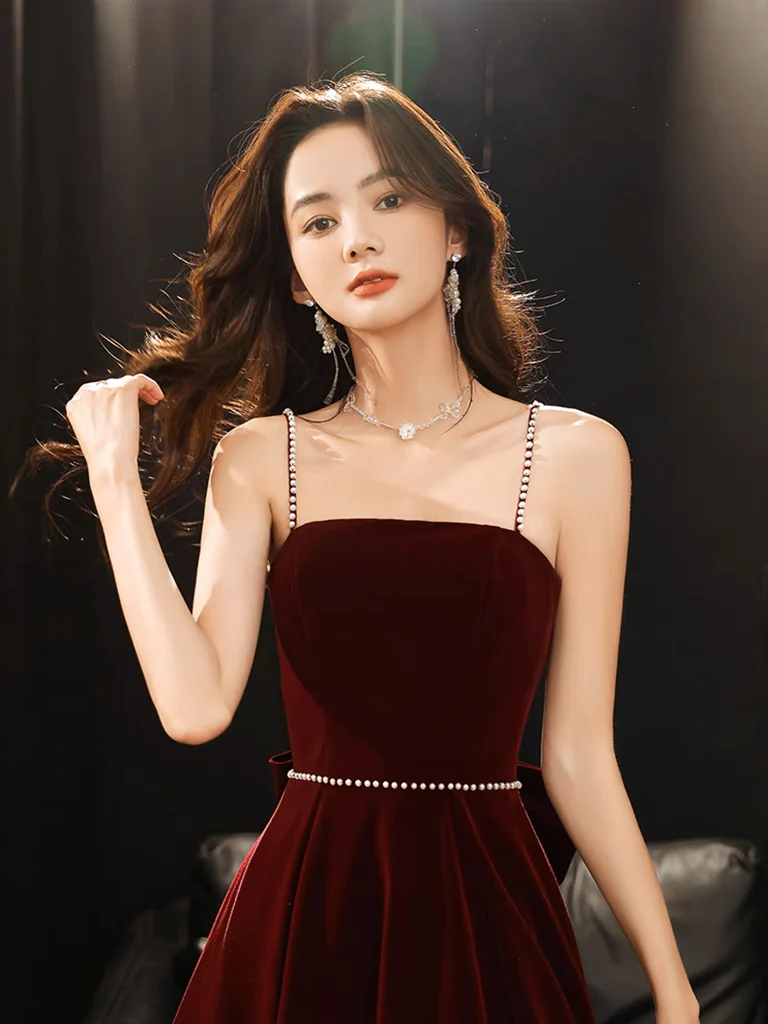 A-Line Velvet Burgundy Long Prom Dress, Burgundy Long Evening Dress - Deanwangkt