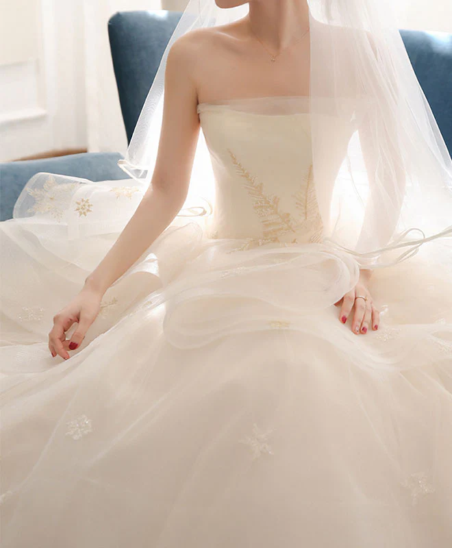 Light Champagne Tulle Long Wedding Dress, Champagne Bridal Dress - Deanwangkt