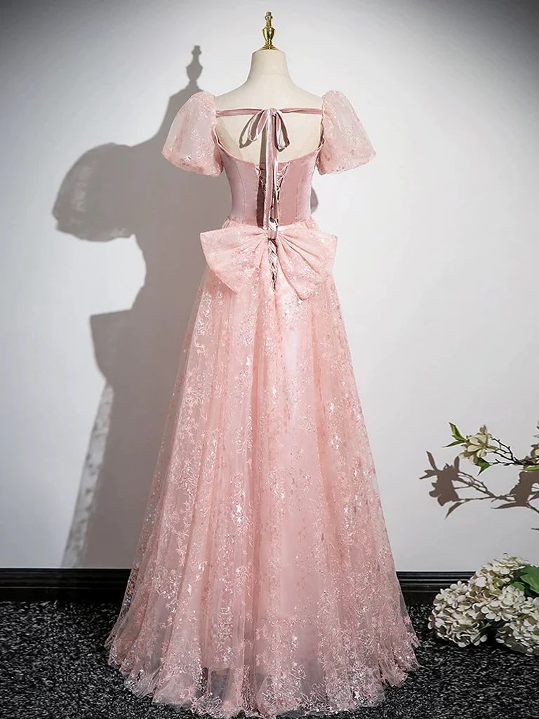 A-Line Tulle Lace Velvet Pink Long Prom Dress, Pink Long Formal Dress - Deanwangkt