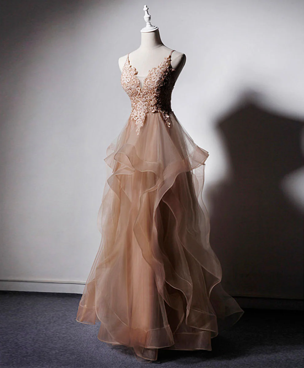 Champagne V Neck Tulle Lace Long Prom Dress, Champagne Graduation Dress - Deanwangkt