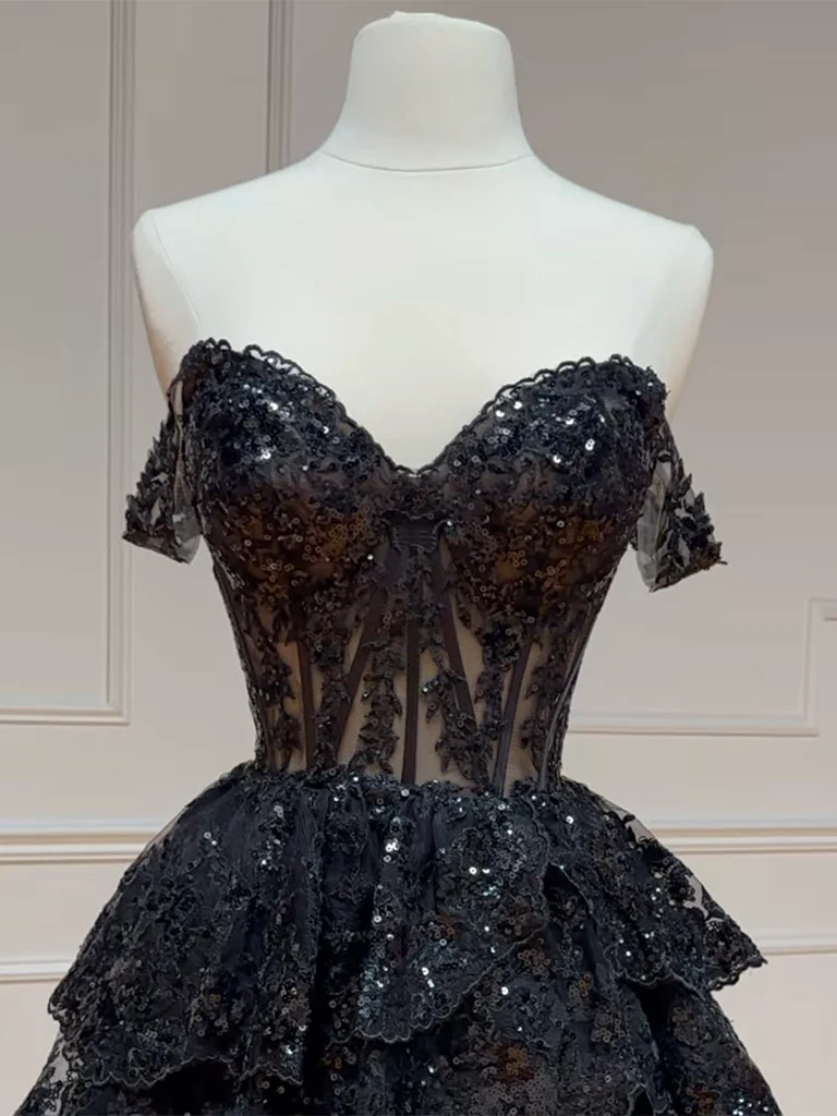 Black A-Line Sequin Tulle Short Prom Dress, Black Homecoming Dress - Deanwangkt