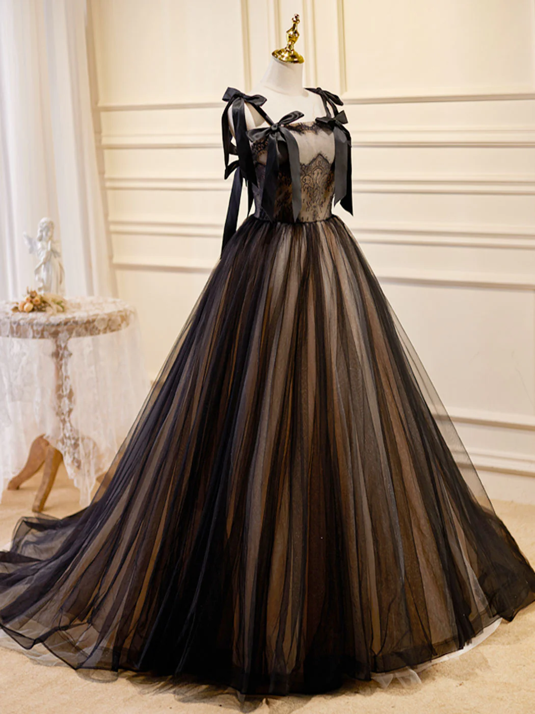 A-Line Tulle Lace Black Long Prom Dress, Black Formal Evening Dresses - Deanwangkt
