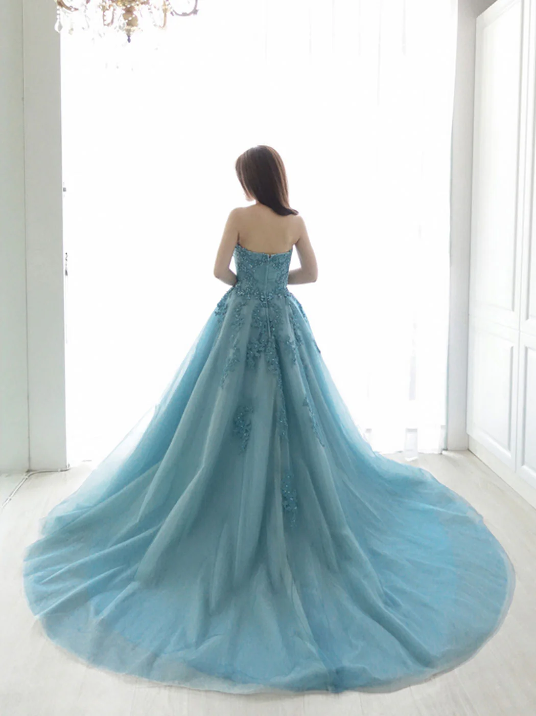 Blue Sweetheart Neck Tulle Lace Long Prom Dress, Blue Tulle Formal Dress - Deanwangkt