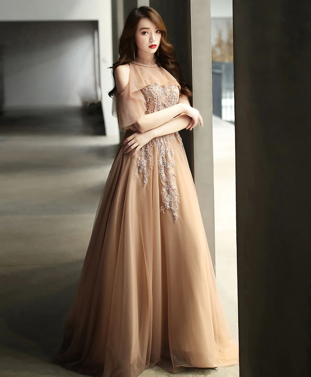 Champagne High Neck Tulle Lace Long Prom Dress Formal Dress - Deanwangkt