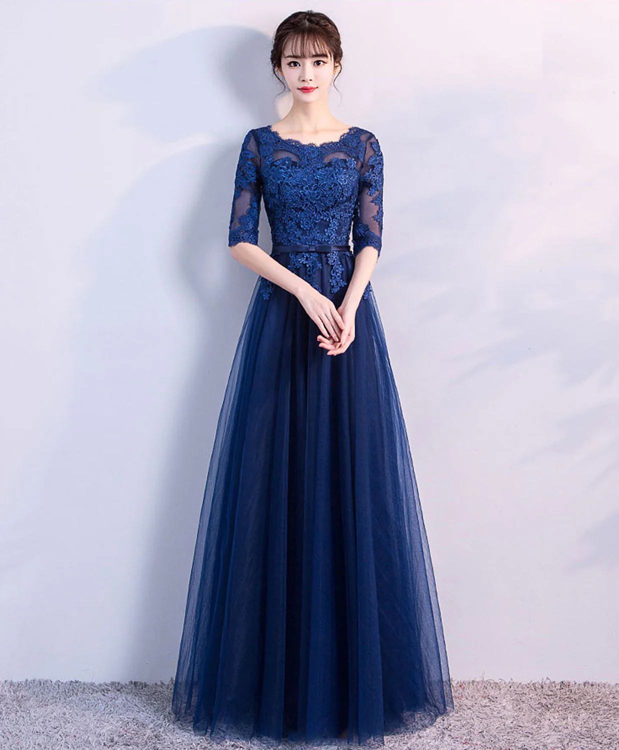 Blue Tulle Lace Long Prom Dress, Lace Evening Dress - Deanwangkt