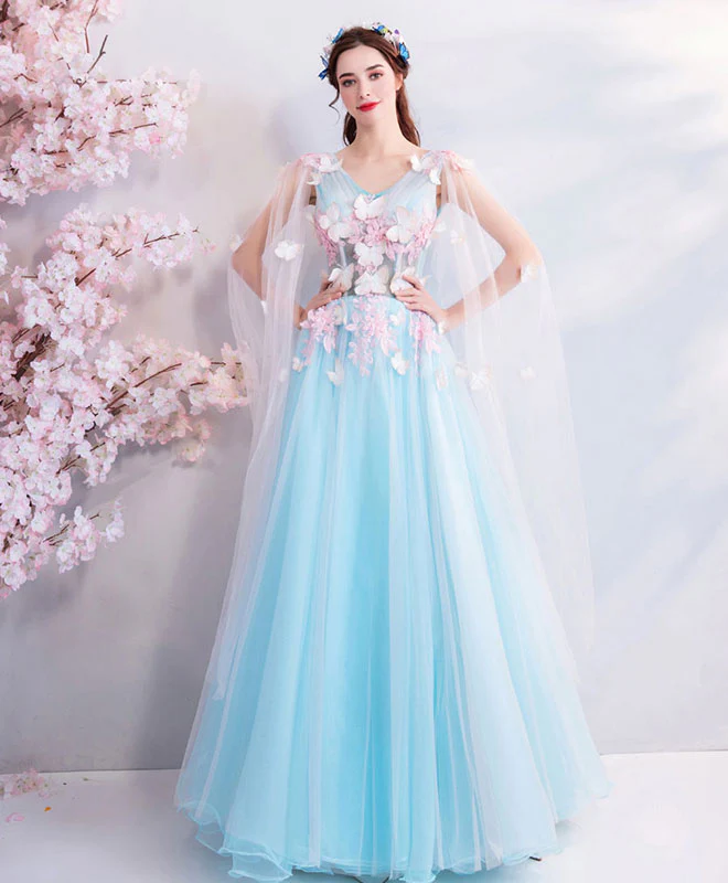 Blue V Neck Tulle Long Prom Dress, Blue Tulle Evening Dress - Deanwangkt