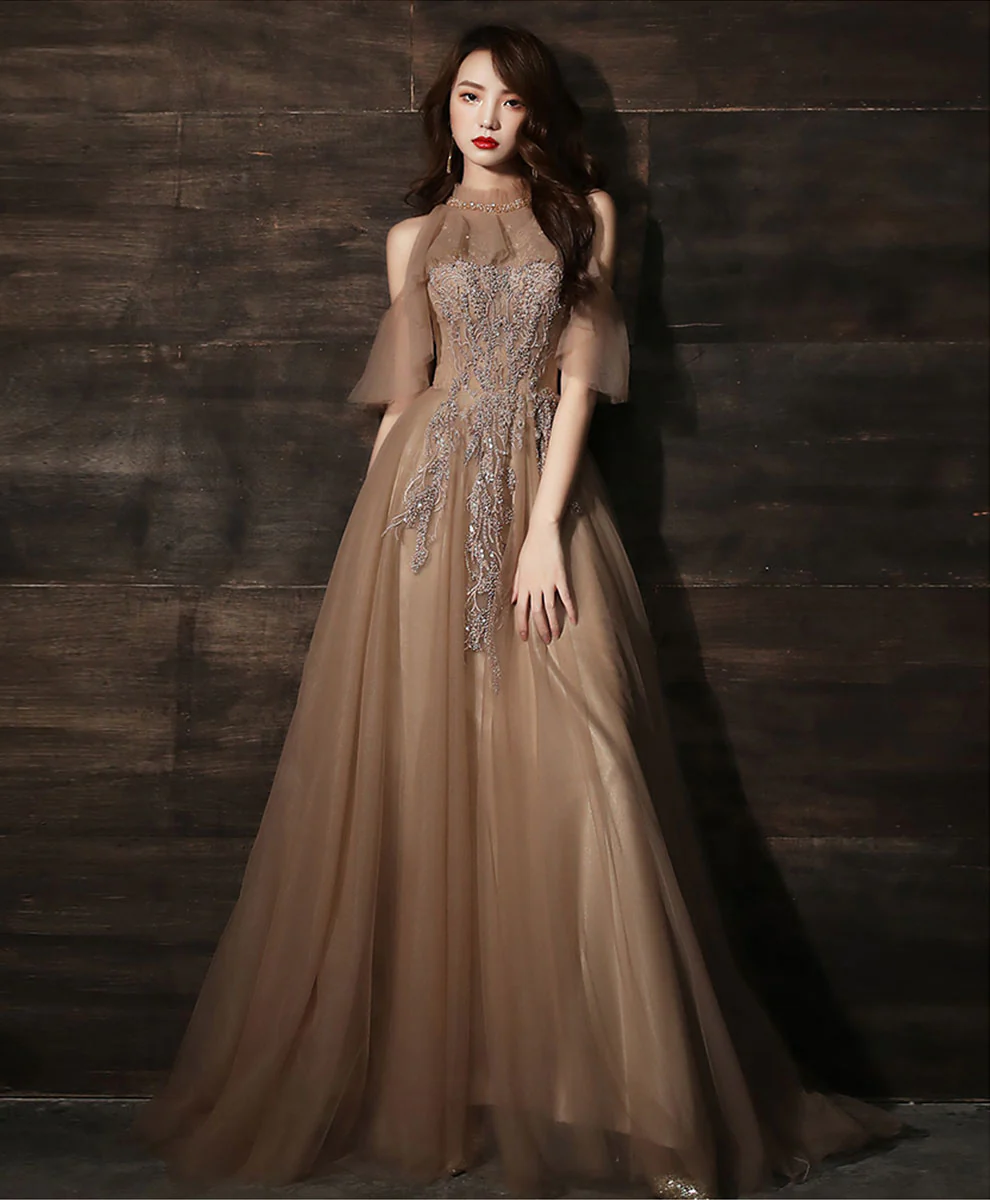 Champagne High Neck Tulle Lace Long Prom Dress Formal Dress - Deanwangkt