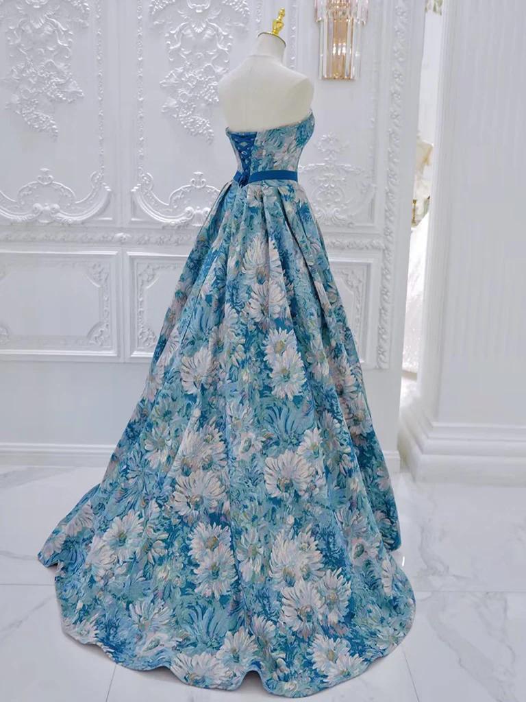 Unique A-Line Flower Satin Blue Long Prom Dress, Blue Long Formal Dress - Deanwangkt