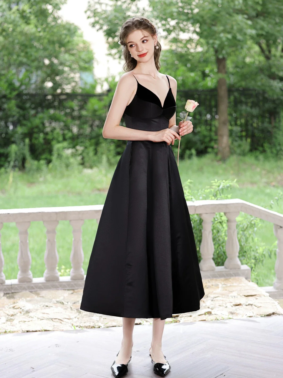 Simple V Neck Satin Tea Length Black Prom Dress, Black Formal Dress - Deanwangkt