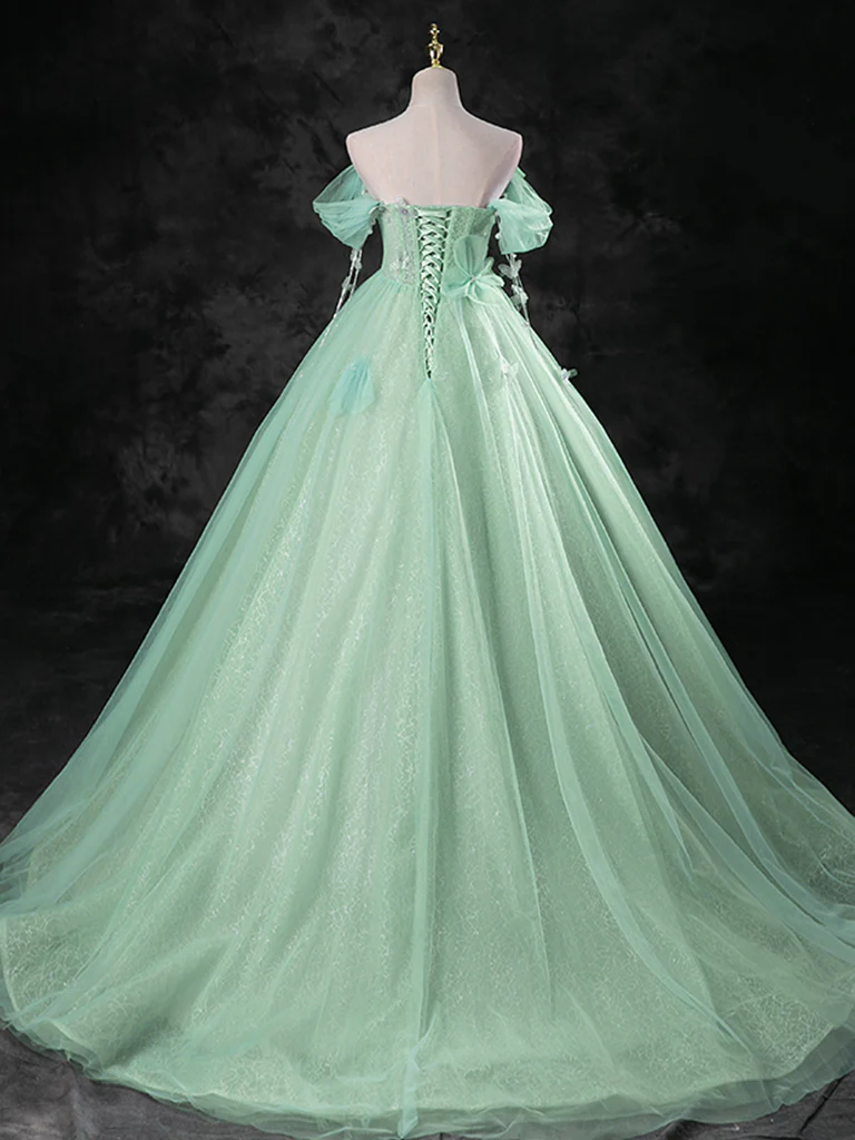 Green A-Line Off Shoulder Tulle Long Prom Dress, Green Long Formal Dress - Deanwangkt