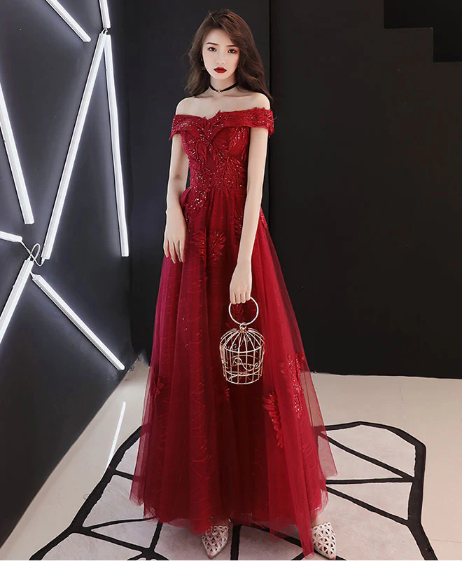 Burgundy Tulle Lace Off Shoulder Prom Dress, Burgundy Evening Dress - Deanwangkt