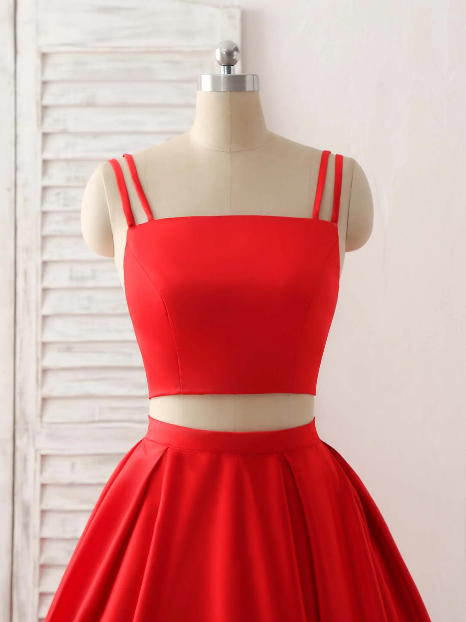 Red Two Pieces Satin Long Prom Dress Simple Red Evening Dress - Deanwangkt