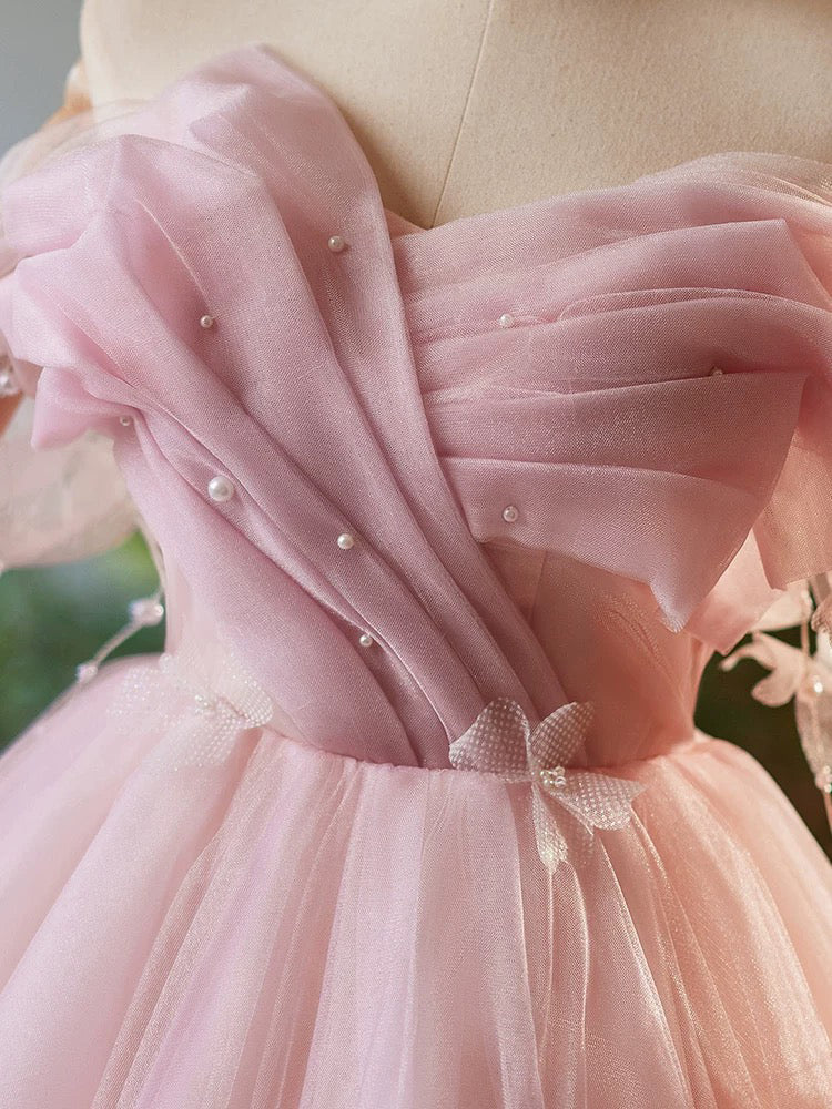 A-Line Off Shoulder Tulle Pink Short Prom Dress, Pink Homecoming Dress - Deanwangkt
