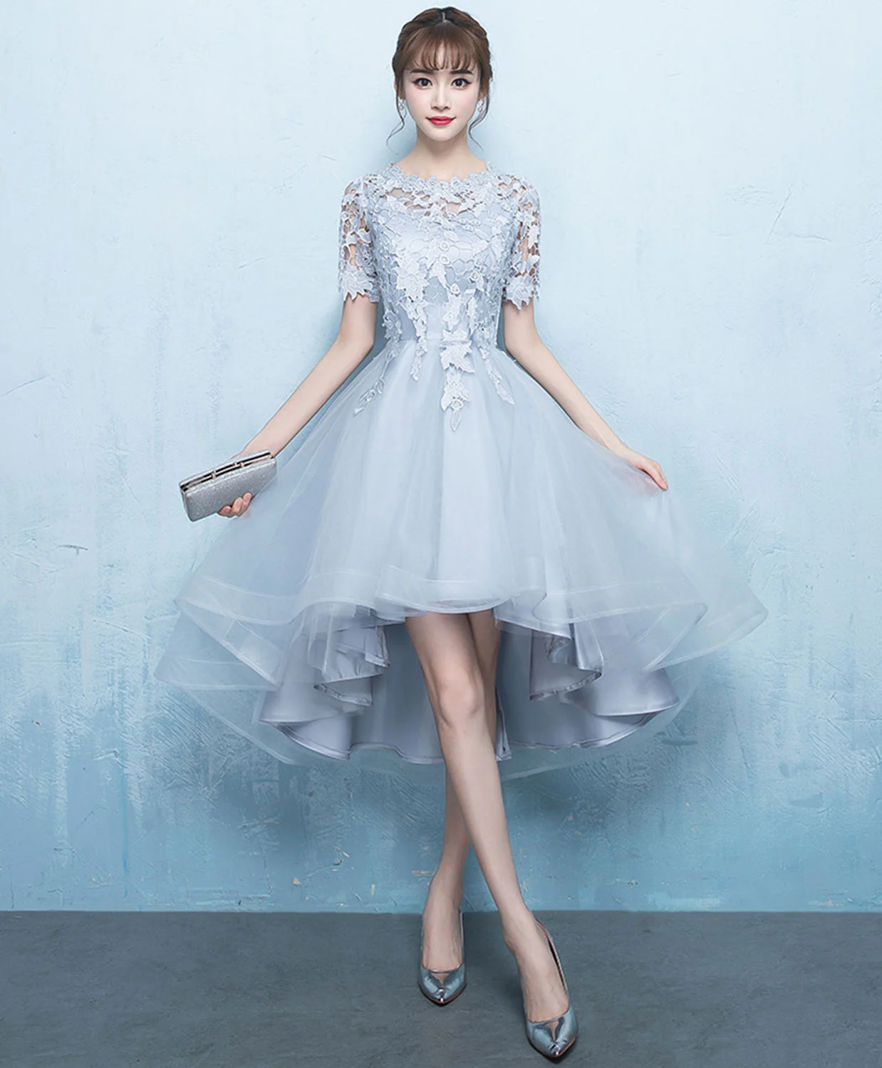 Gray Tulle Lace Applique Prom Dress, Gray Evening Dress - Deanwangkt