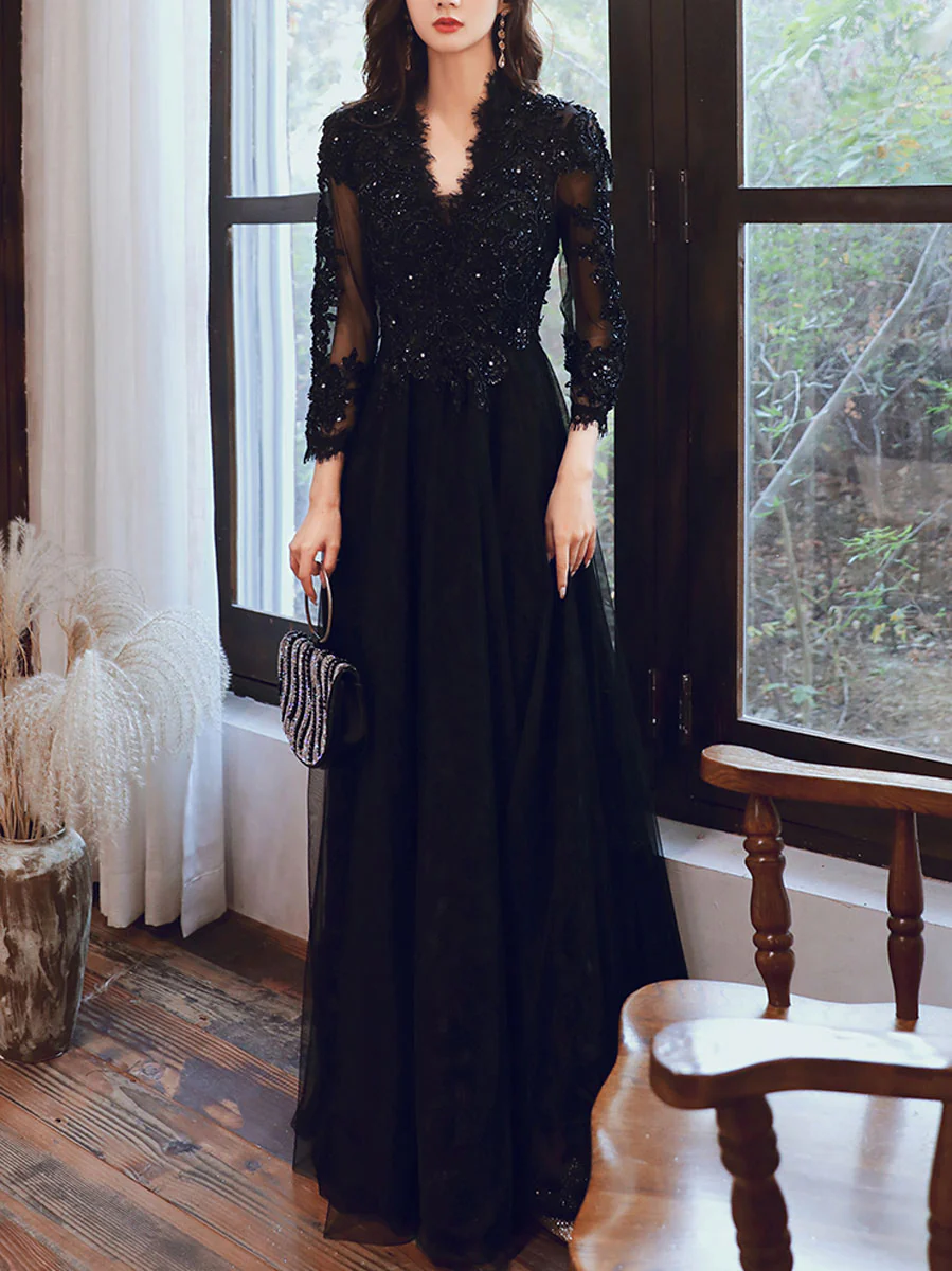 Black V Neck Tulle Lace  Beads Long Prom Dress, Black Tulle Evening Dresses - Deanwangkt
