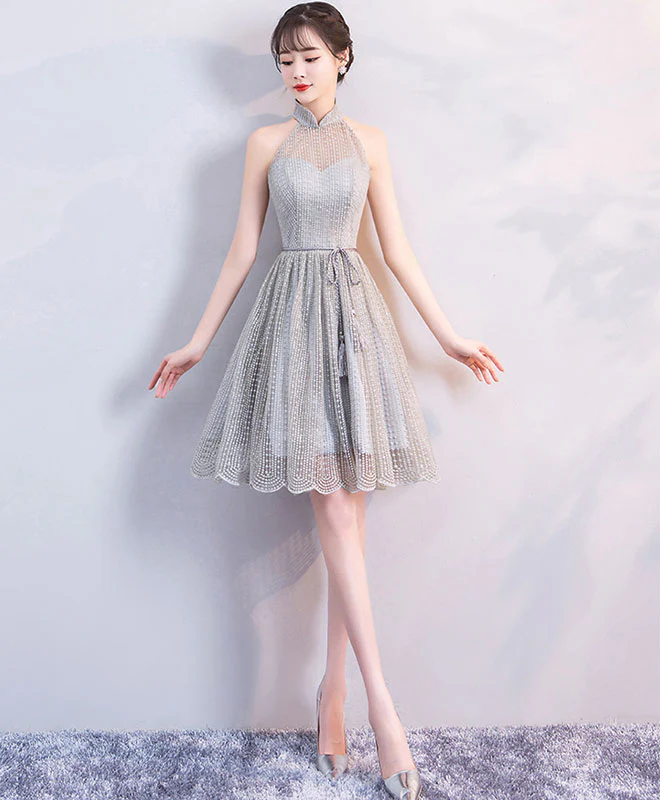 Gray High Neck Short Prom Dress, Gray Homecoming Dress - Deanwangkt