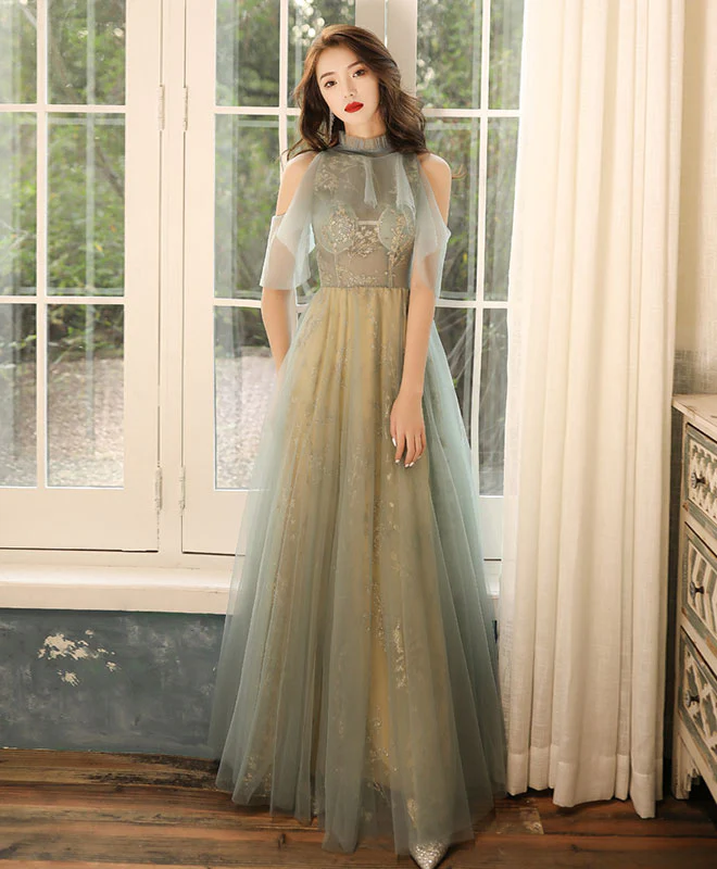 Green Tulle Hight Neck Tulle Lace Long Prom Dress Tulle Formal Dress - Deanwangkt