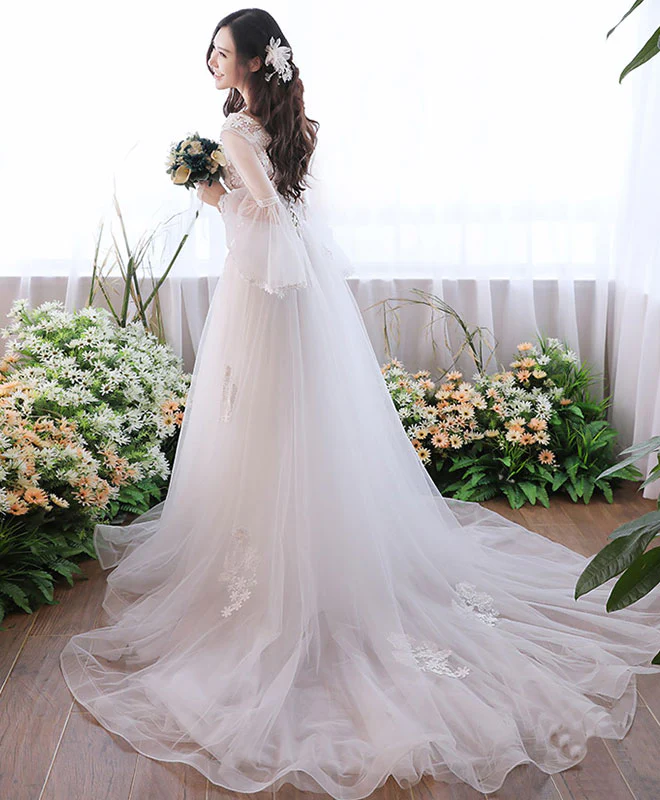 White V Neck Tulle Lace Long Prom Dress, White Evening Dress - Deanwangkt
