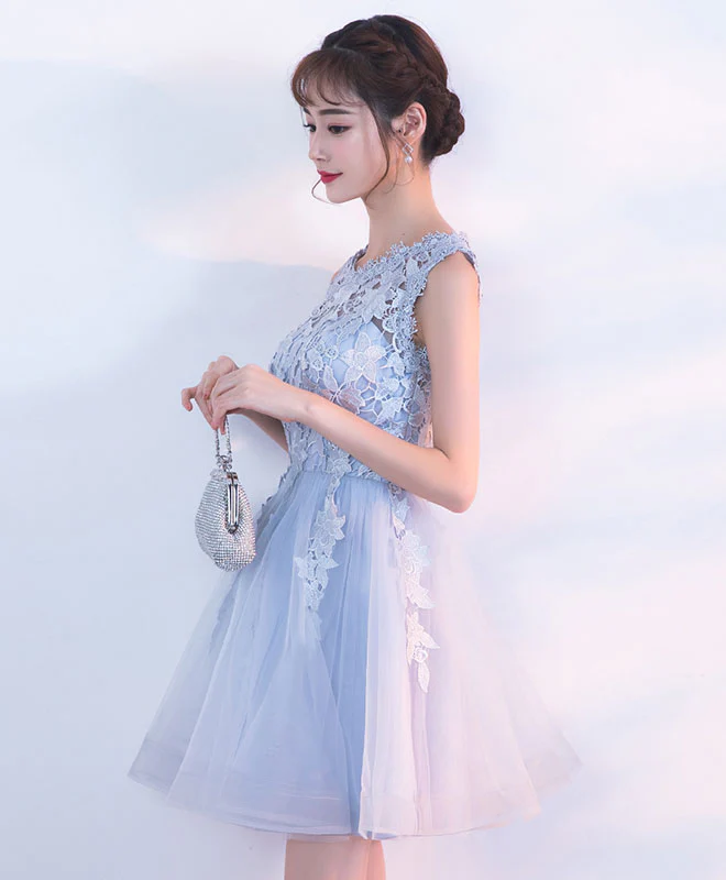 Gray Tulle Lace Short Prom Dress, Gray Homecoming Dress - Deanwangkt