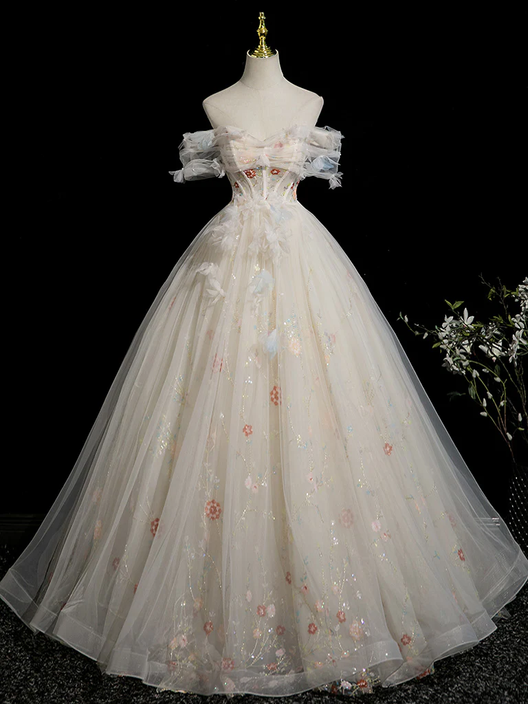 A-Line Sweetheart Neck Tulle Lace Light Champagne Long Prom Dress with Flower - Deanwangkt