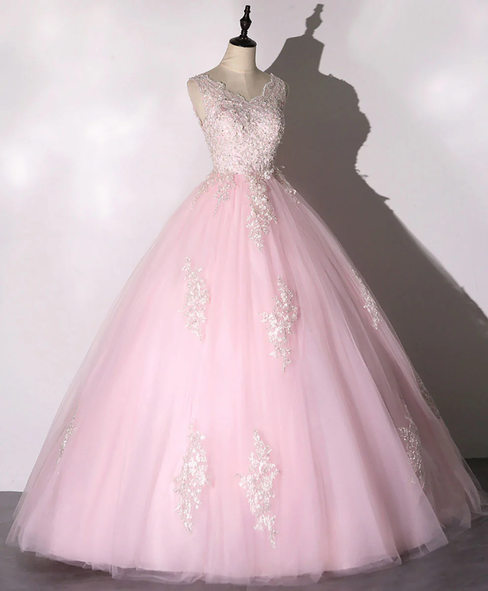 Pink V Neck Tulle Lace Long Prom Dress Pink Tulle Formal Sweet 16 Dress - Deanwangkt