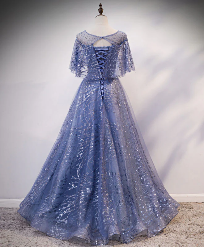 Unique Round Neck Tulle Lace Long Prom Dress Blue Lace Evening Dress - Deanwangkt