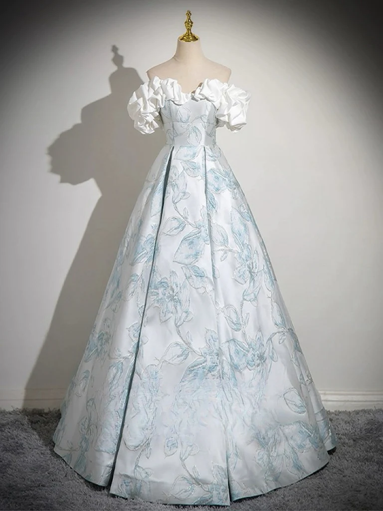 A-Line Off Shoulder Satin Long Prom Dress, Blue Long Formal Dress - Deanwangkt