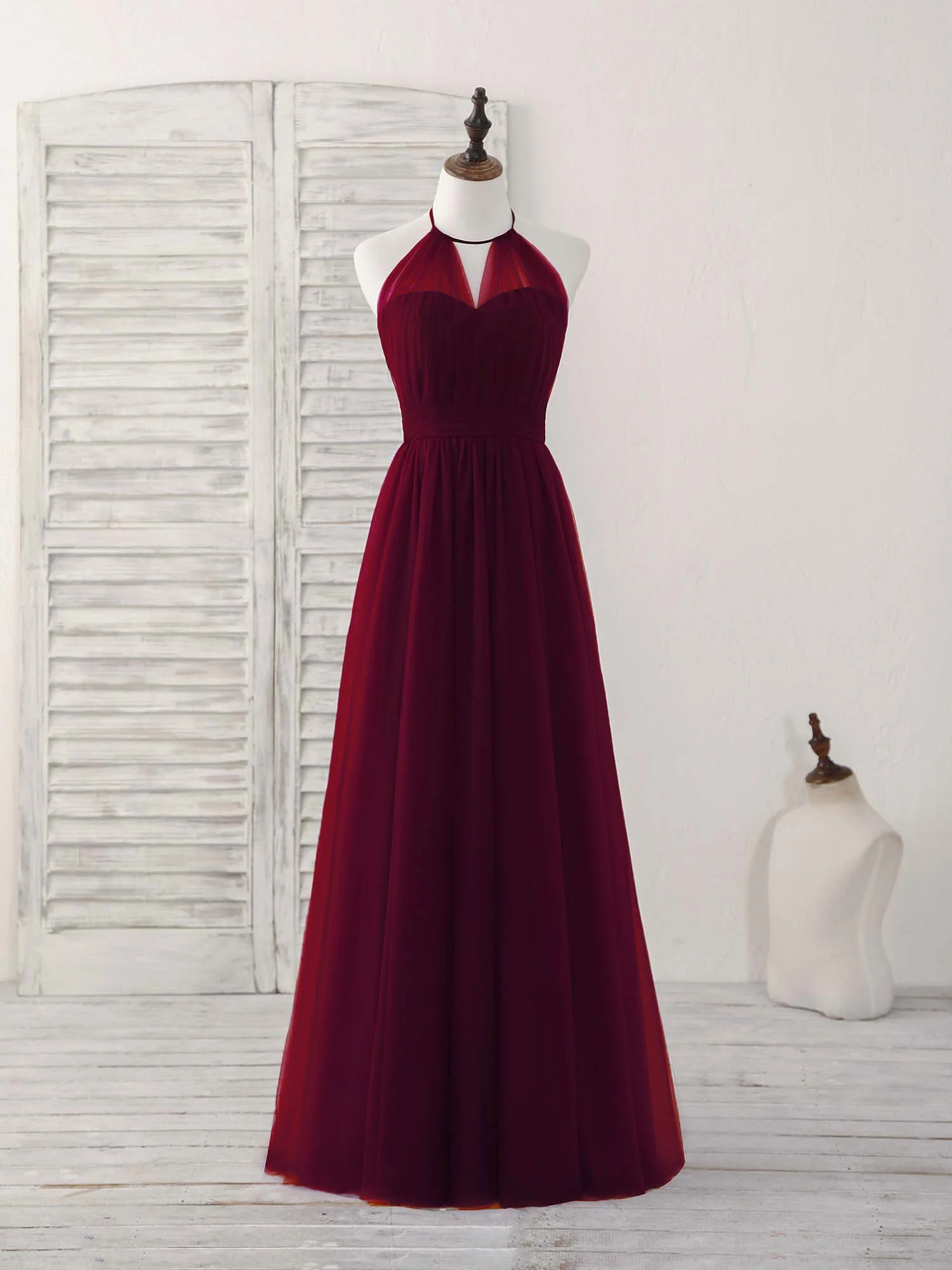 Simple Burgundy Tulle Long Prom Dress, Burgundy Bridesmaid Dress - Deanwangkt
