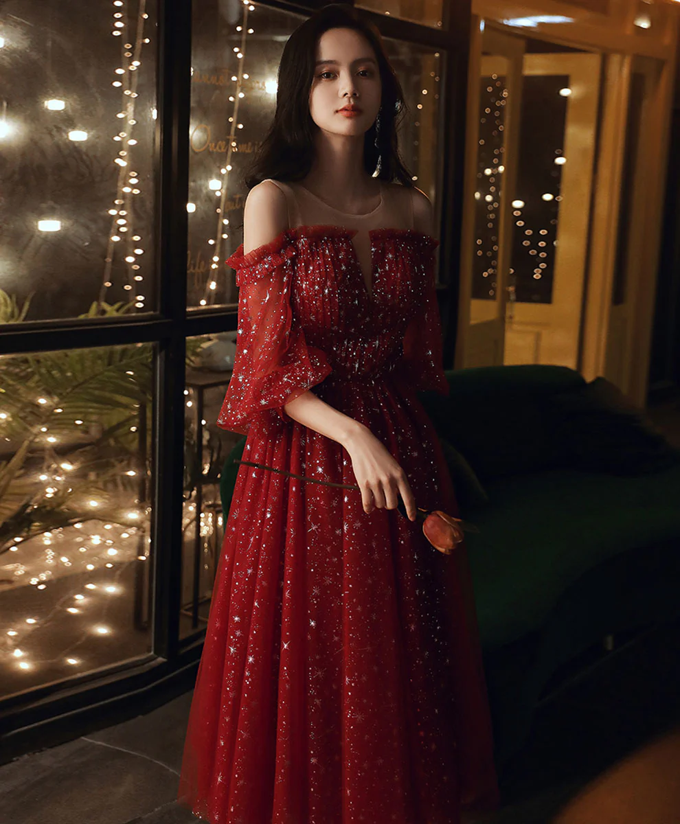 Burgundy Round Neck Tulle Sequin Short Prom Dress, Burgundy Homecoming Dress - Deanwangkt