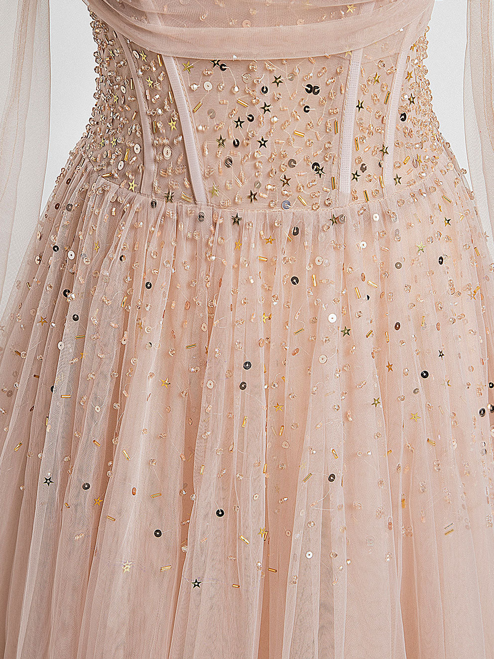 Champagne Pink Tulle Beads Long Prom Dress Champagne Evening Dress - Deanwangkt