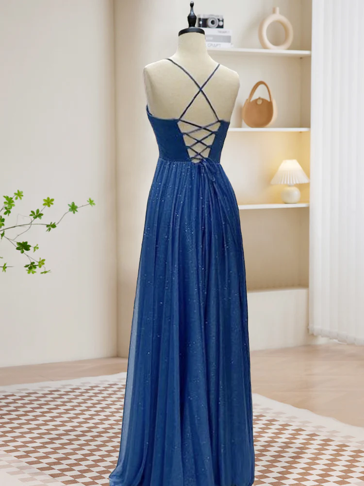 A-Line Sweetheart Neck Blue Long Prom Dress, Backless Blue Long Evening Dress - Deanwangkt