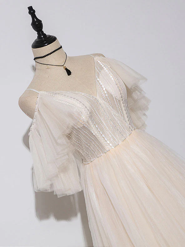 Champagne V Neck Tulle Long Prom Dress, Champagne Evening Dress - Deanwangkt