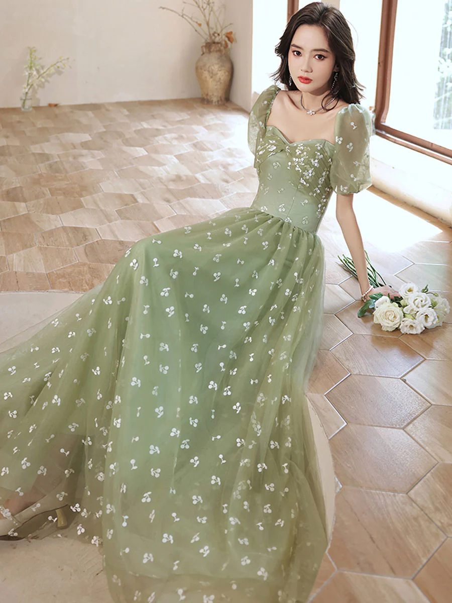 Green Tulle Long Prom Dress, Green A line Formal Graduation Dresses - Deanwangkt
