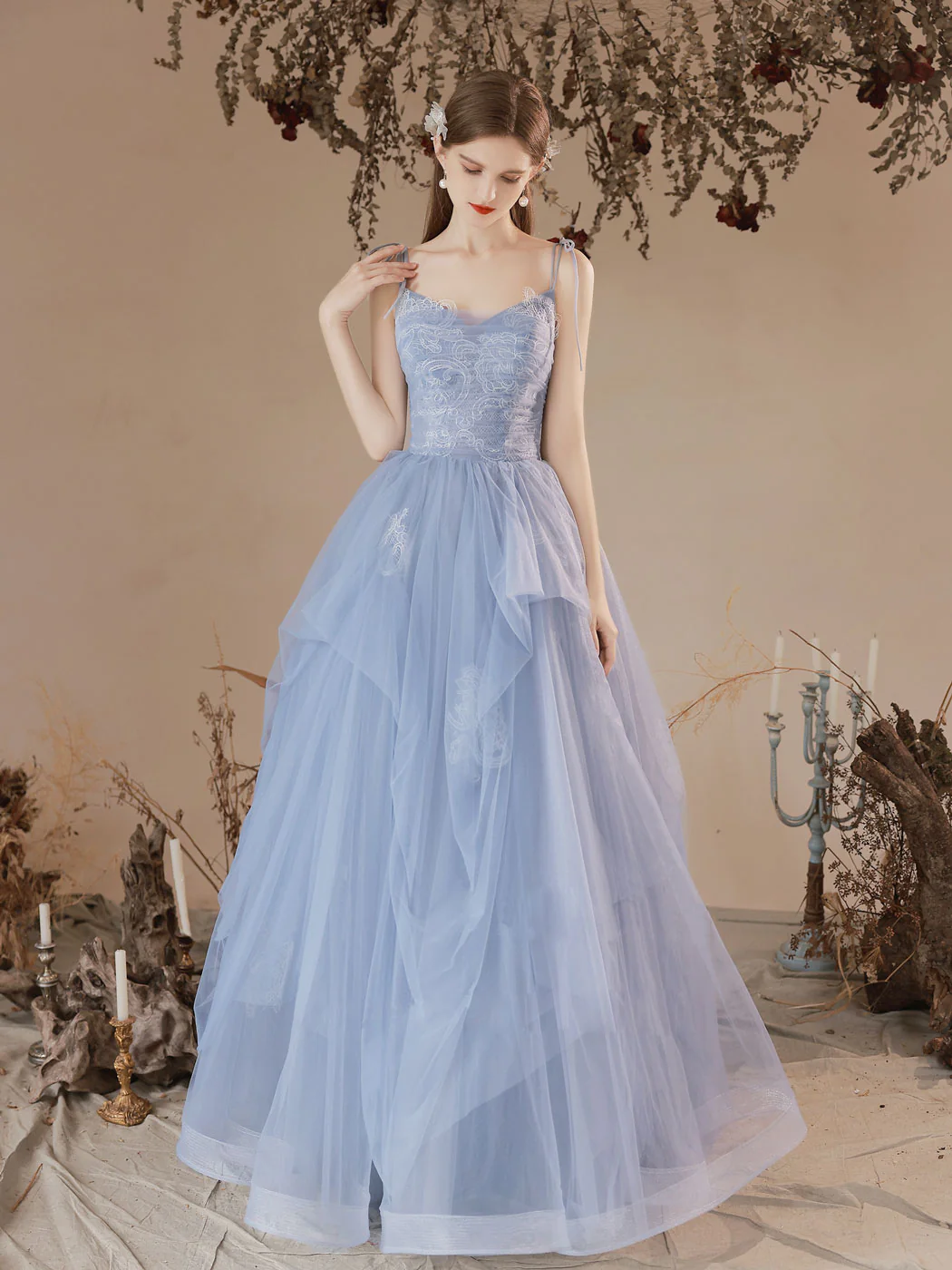 A-Line Tulle Lace Purple Long Prom Dresses, Purple Formal Evening Dress - Deanwangkt