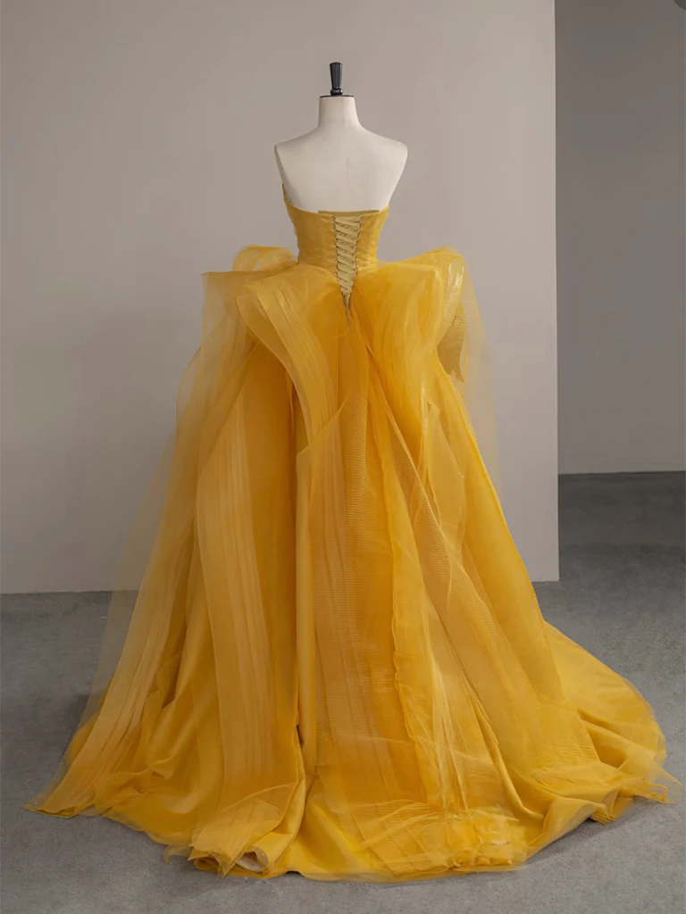 A-Line Sweetheart Neck Tulle Yellow Long Prom Dress, Yellow Long Formal Dress - Deanwangkt