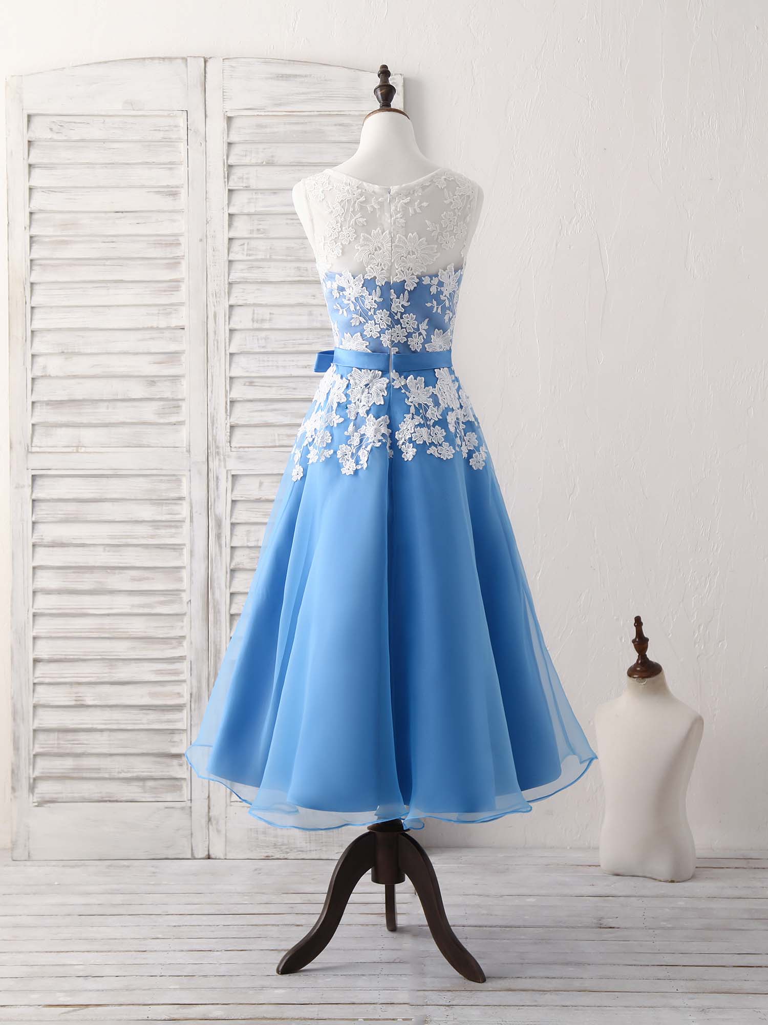 Blue Round Neck Tulle Lace Applique Tea Long Prom Dress, Bridesmaid Dress - Deanwangkt
