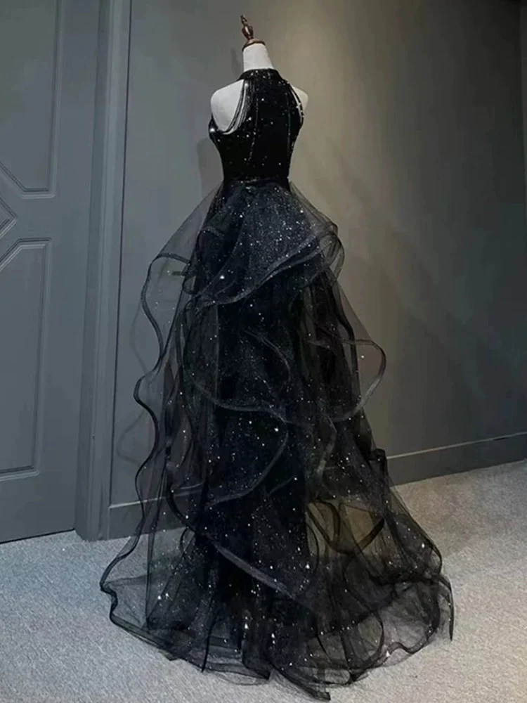 A-Line Tulle Sequin Black Long Prom Dress, Black Long Formal Dress - Deanwangkt
