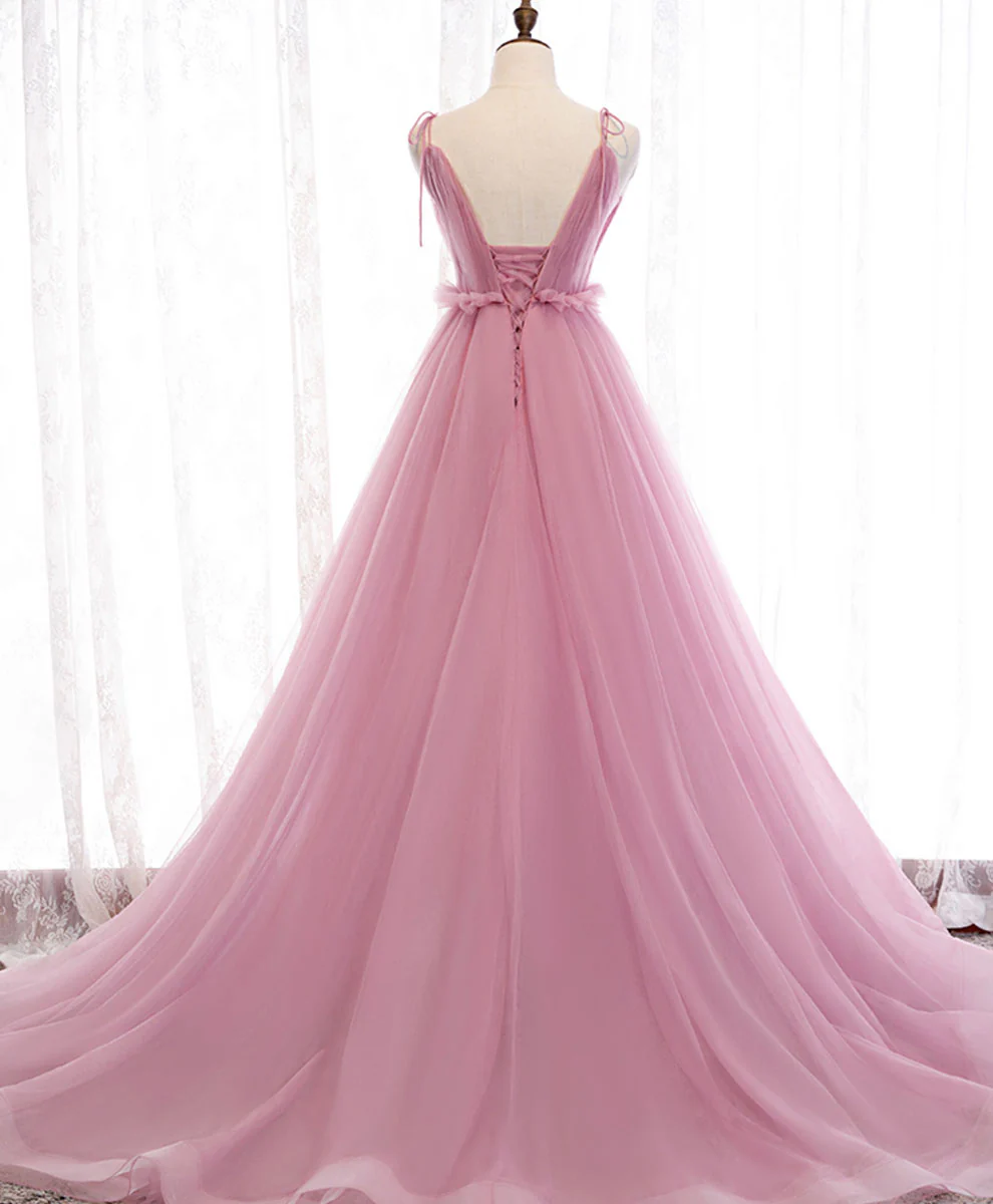 Pink V Neck Long Prom Dress, Aline Pink Formal Evening Dresses - Deanwangkt