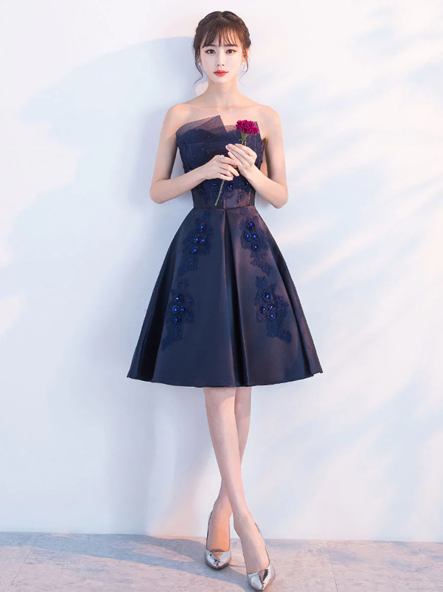 Aline Satin Lace Blue Short Prom Dress, Blue Homecoming Dress - Deanwangkt