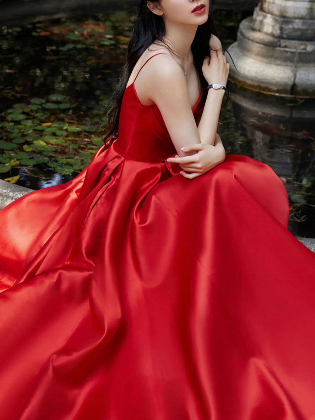 Red V Neck Satin Long Prom Dress, Red Formal Graduation Dresses - Deanwangkt