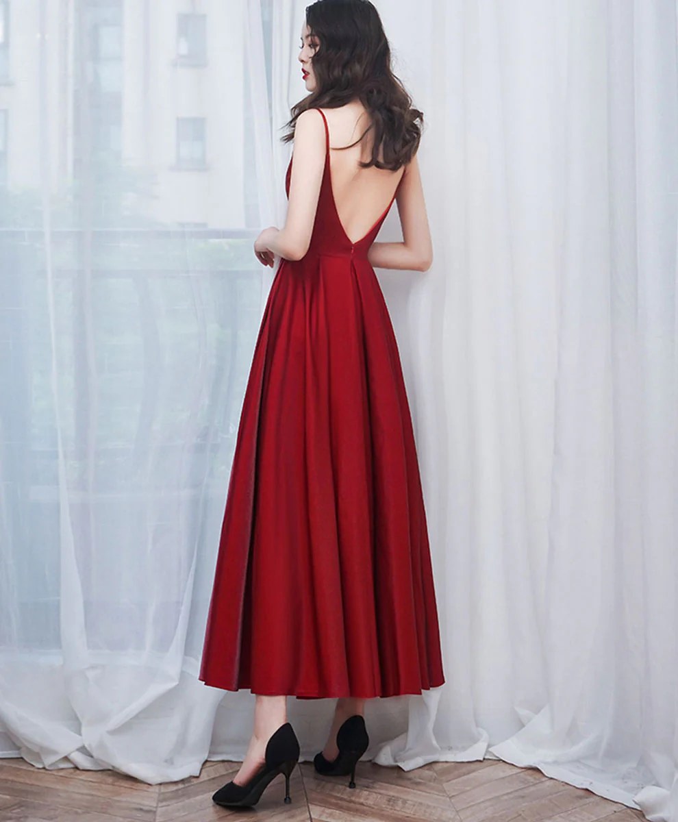 Simple Burgundy Sweetheart Neck Prom Dress, Burgundy Tea Length Evening Dress - Deanwangkt
