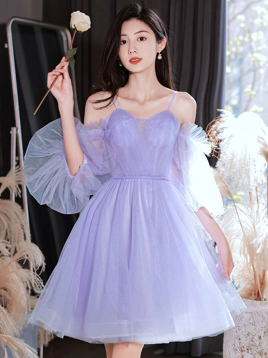 Purple Sweetheart Neck Tulle Short Prom Dress, Puffy Purple Homecoming Dresses - Deanwangkt