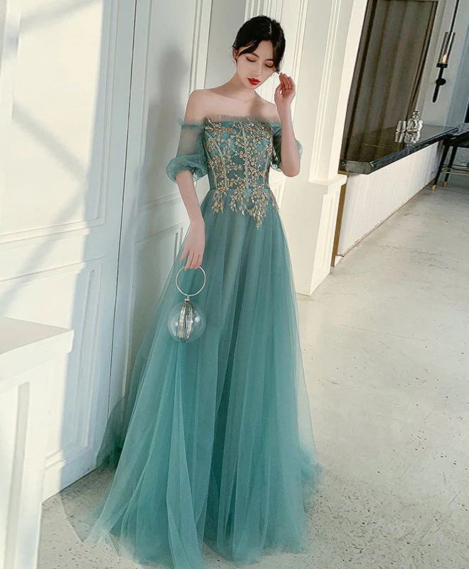 Green Tulle Lace Long Prom Dress Green Tulle Formal Dress - Deanwangkt