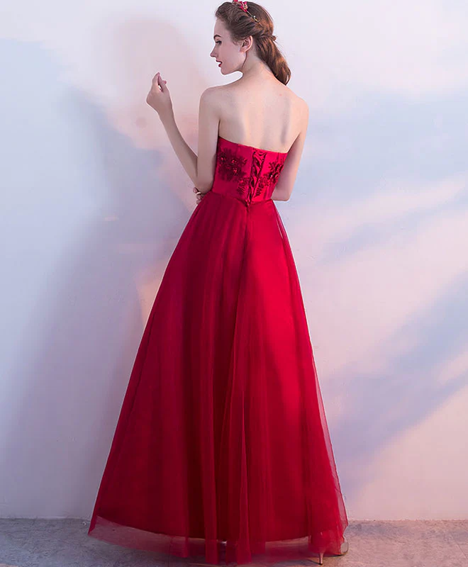 Burgundy Tulle Lace Long Prom Dress, Burgundy Tulle Evening Dress - Deanwangkt