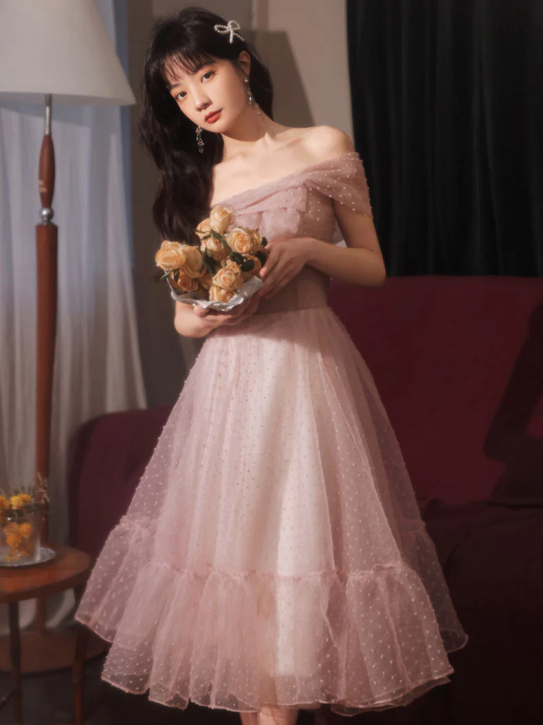 Pink One Shoulder Short Prom Dress, Cute Puffy Pink Homecoming Dresses - Deanwangkt