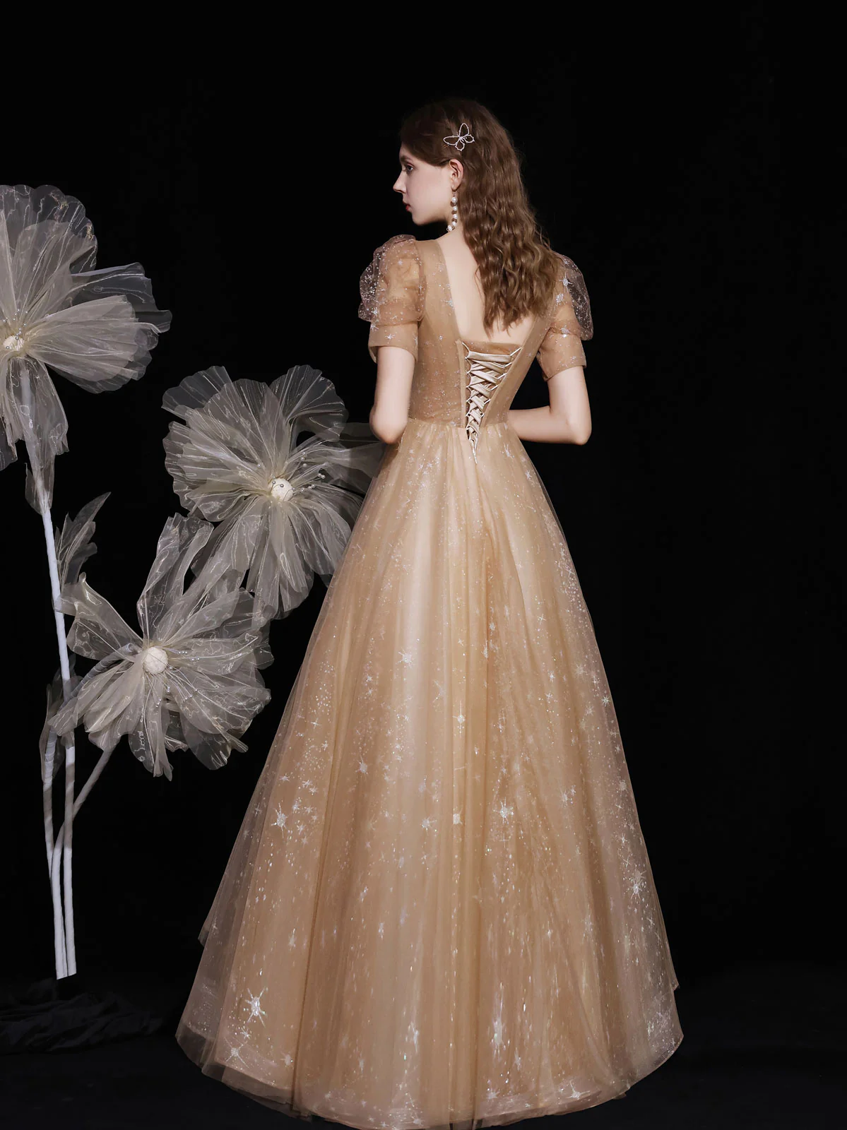 Champagne V Neck Tulle Long Prom Dress, Champagne Evening Dress - Deanwangkt