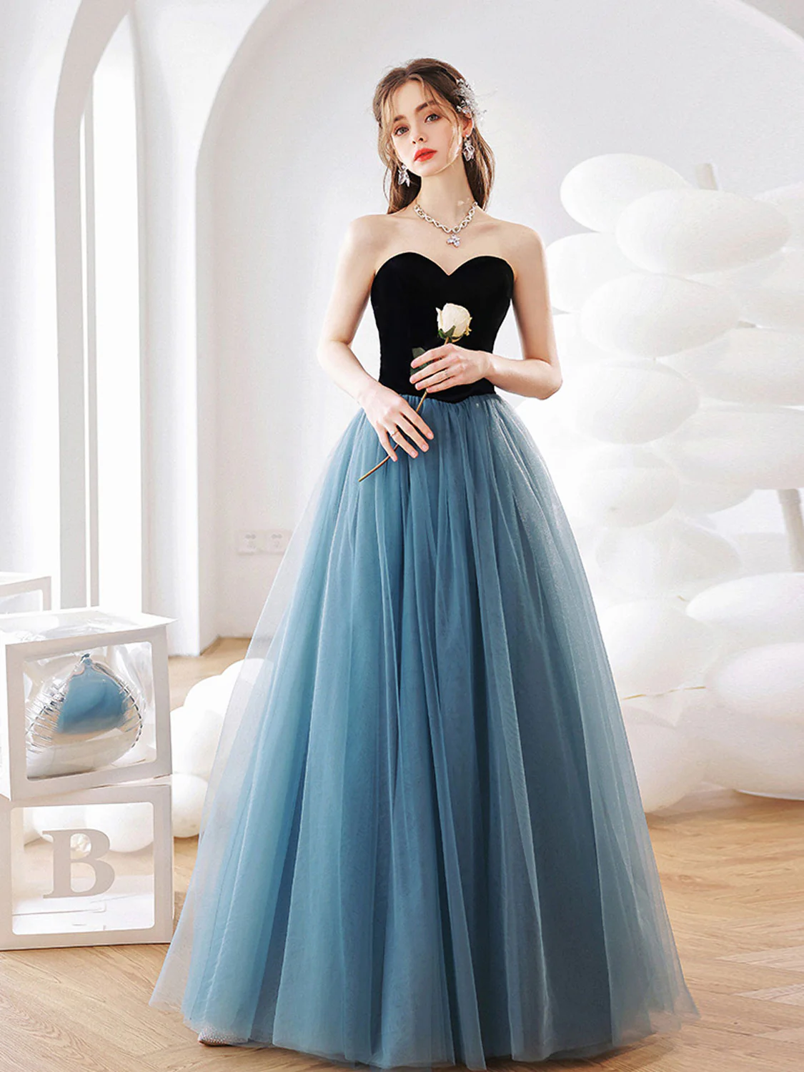 Aline Blue Tulle Long Prom Dress, Blue Long Graduation Dresses - Deanwangkt