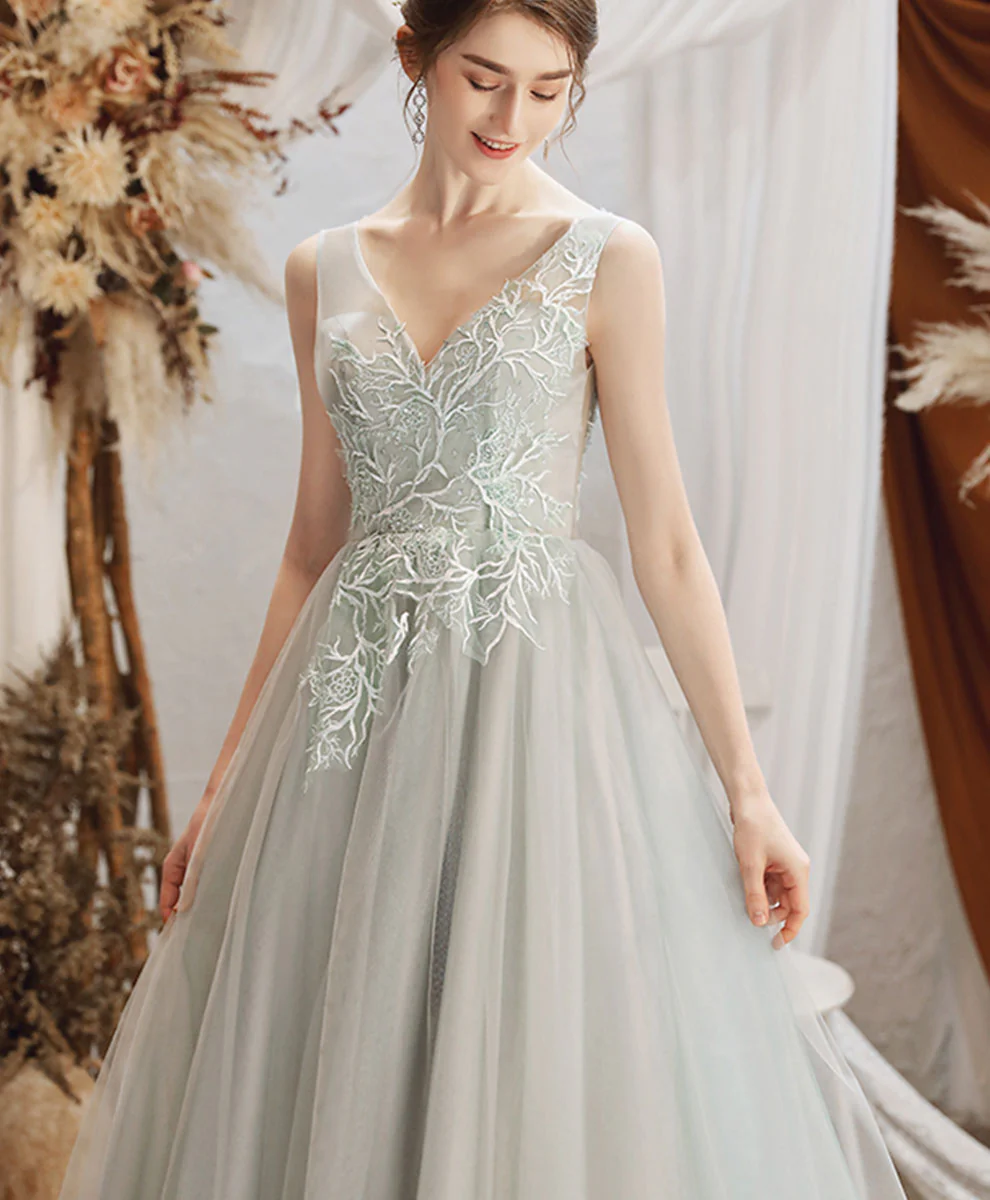 Gray Green Tulle Lace Long Prom Dress Gray Tulle Formal Dress - Deanwangkt